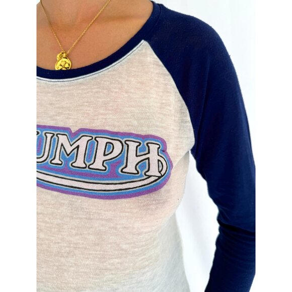 y2k vintage navy white Triumph logo graphic baseball jersey paper thin sheer top - Picture 6 of 7